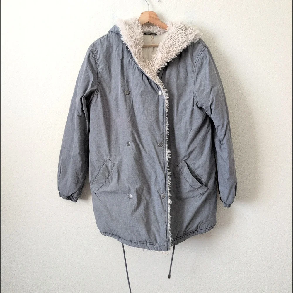 Free People Grey Faux Fur Trim Hooded‎ Parka Jacket Small Oversized Boho Utility